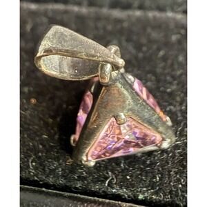 925 Marked HAN Triangle Pendant Pink Stone 3D Sterling Silver